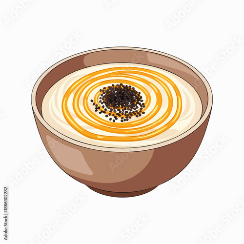 Cartoon illustration of a healthy breakfast bowl with creamy yogurt, golden honey drizzle, and black chia seeds, perfect for a nutritious start to the day.