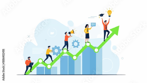 Team climbing up a green graph representing business growth and success.