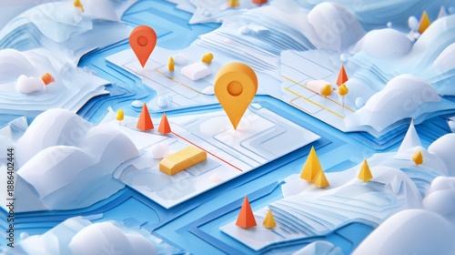  Abstract 3D Navigation Map with Colorful Location Pins in Soft Pastel Landscape