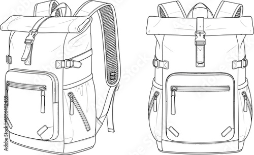 Vector technical sketch of roll-top backpack with buckle, front and perspective view, fashion flat template for bag design, travel accessory illustration, isolated white background.
