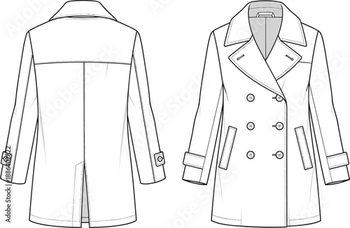 Double breasted coat technical fashion illustration, vector flat drawing, classic peacoat design template, front and back view, winter clothing sketch, isolated white background.