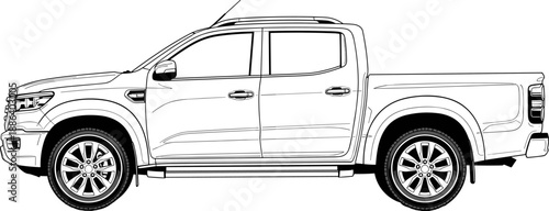 Pickup truck side view vector illustration, black and white outline drawing, off road vehicle design template, modern car sketch, isolated on white background.