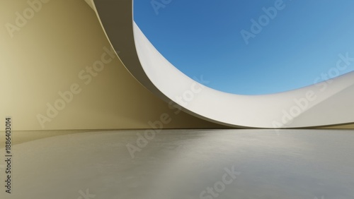 Abstract architecture background, White Curved Concrete Building with empty Cement floor, Scene for car presentation, Modern Exterior, 3D rendering