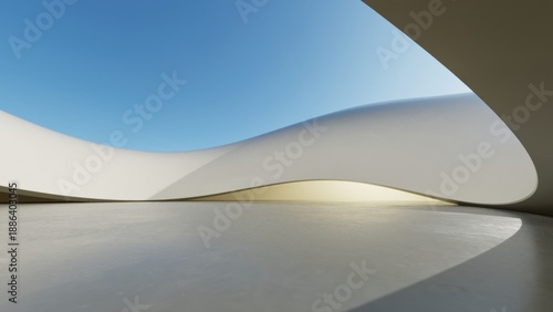 Abstract architecture background, White Curved Concrete Building with empty Cement floor, Scene for car presentation, Modern Exterior, 3D rendering