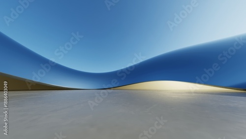 Abstract architecture background, Metallic Curved Building with empty Cement floor, Scene for car presentation, Modern Exterior, 3D rendering