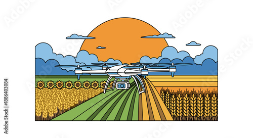 Drone flying over agricultural fields during sunset.