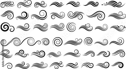 Set of vector swirls and waves, black decorative flourishes, wind curls, ornamental scrolls, abstract calligraphy elements, simple curved lines, for logo design, tattoo art, divider.