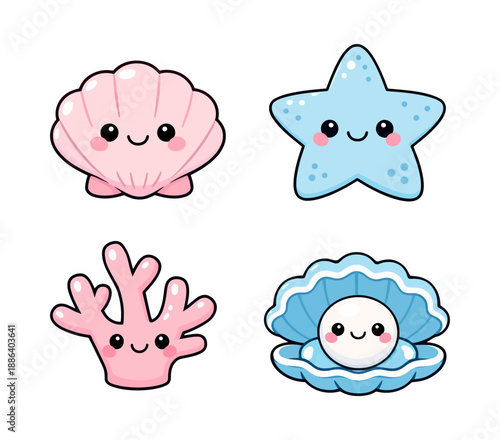 Cute cartoon marine life set featuring a pink seashell, blue starfish, pink coral, and an oyster with a pearl for children's designs
