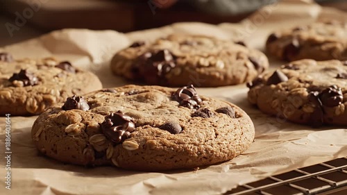 Close up of freshly baked chocolate chip cookies on parchment paper