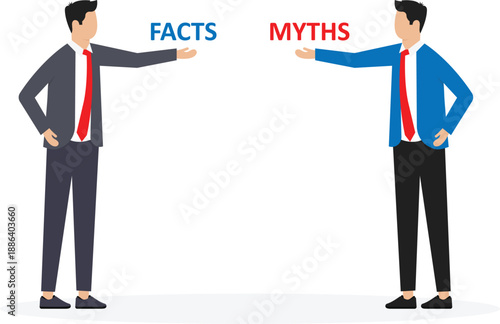 Myths vs Facts and true or false information, fake news or fictional, reality versus mythology knowledge concept, confused and doubtful businessman thinking with curiosity compare between facts or myt