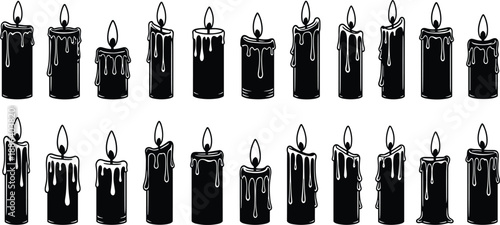 Hand Drawn Black Candle Collection With Melting Wax And Flames, Vintage Line Art Set For Halloween, Gothic, And Decorative Design