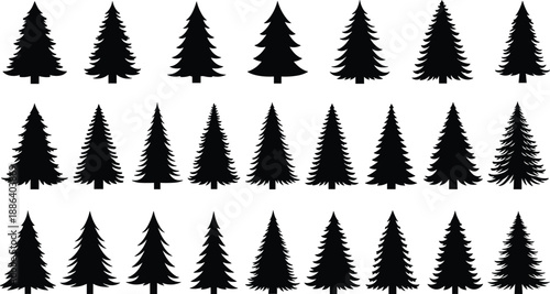 Pine Tree Silhouette Collection Featuring Various Evergreen Fir And Spruce Shapes, Black Forest Nature Vector Illustration Set For Winter, Christmas, And Design