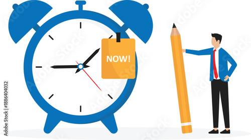 Stop procrastination and do it now or decision to finish work or appointment in time, Now on note and stick it on ringing alarm clock.
