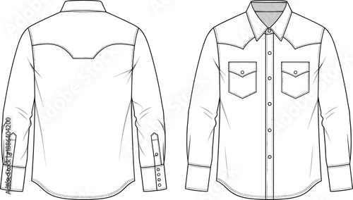 Vector technical sketch of men's western shirt with yoke details, front and back view, fashion flat template for clothing design, apparel industry illustration.