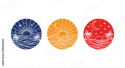 Three circular landscape icons showing tropical sunset over the sea with palm trees in different color schemes.