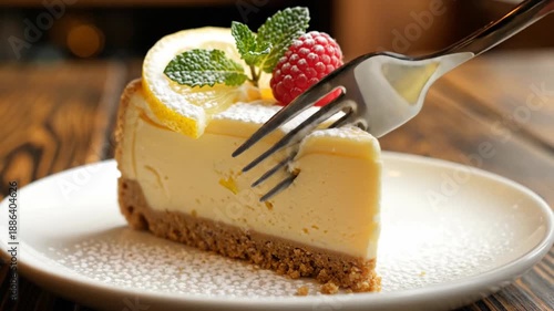 Delicious cheesecake slice with powdered sugar sprinkling and decorative garnishes