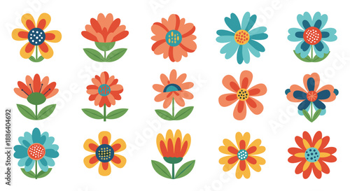 Set of fifteen simple flat flower icons in various colors and shapes for spring and garden theme designs and natural patterns.
