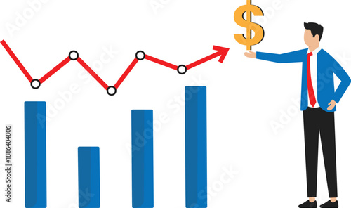 Investor and marketing or investment professional, earning profit or sale commission money growth planning or success financial advisor concept, confident businessman hold dollar with growth chart.

