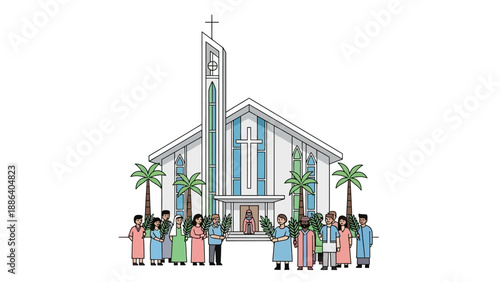 Diverse Group Standing Outside Church Building.