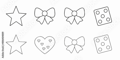 Simple black and white line drawings of stars hearts bows and dice