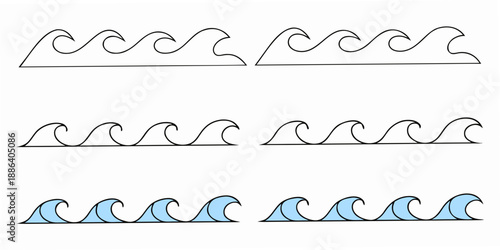 Simple black and blue wave line drawings arranged in a grid pattern