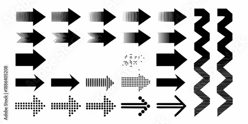 Collection of black and white arrow variations demonstrating density and shape