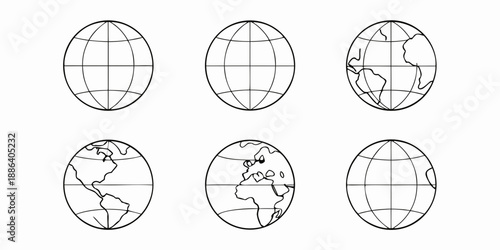 Simple line drawings of earth globes in different projections and continent views