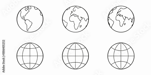 Simple line drawing of multiple representations of the earth and globe