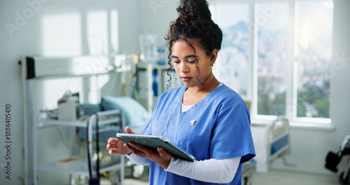 Obraz na plátne Nurse, reading and woman with tablet, hospital and test results on website, analysis and healthcare
