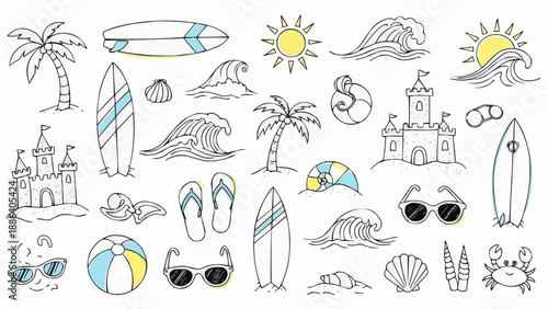 Summer beach vacation doodles and illustrations.