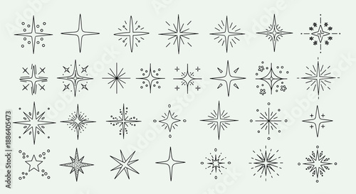Set of twenty eight different black and white sparkle and star icons in various hand drawn styles on light grey.