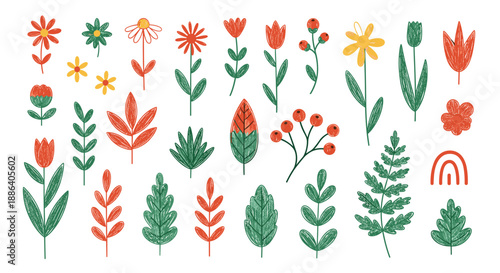 Large set of hand drawn flowers leaves and berries in a simple textured style for botanical pattern design.