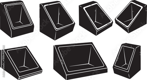 Black boxes with white outlines in various angles shown