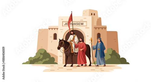 Three Men Standing Near Horse Outside Castle.