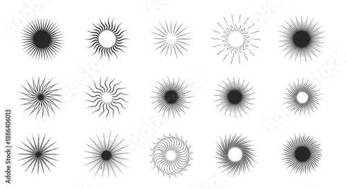 Diverse collection of circular sun and burst design elements with wavy rays and intricate patterns in black and white.