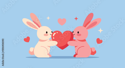 Cute illustration of two small bunnies a cream one and a pink one holding a large red heart together with stars on blue.