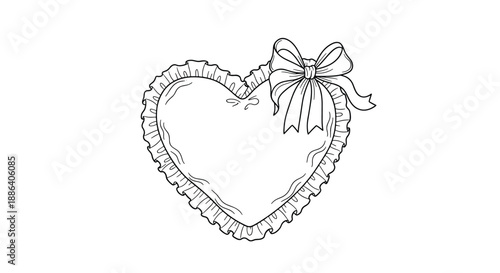 Black and white line art drawing of a heart shaped decorative pillow or cushion with a ruffled border and bow detail.