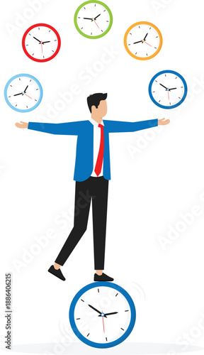 Time management for best efficiency and productivity, manage project and control timeline or schedule, speed or fast work concept, businessman juggling clocks and balance herself on the clock.
