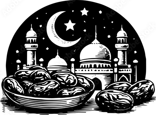 Black White Mosque Crescent Stars Dates Bowl Ramadan Vector Illustration