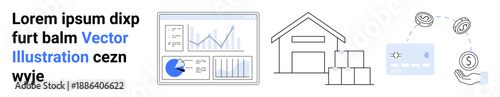 Graph dashboard, warehouse, stacked boxes, payment card, and cash flow arrows. Ideal for logistics, ecommerce, inventory, finance business strategy retail simple landing page