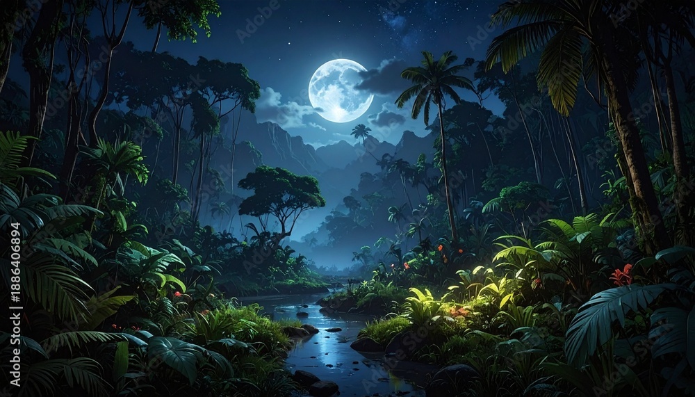 Naklejka premium Tropical Jungle River at Night with Full Moon and Misty Atmosphere