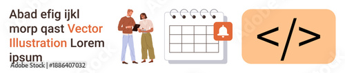 Teamwork, project planning, digital organization, coding, programming, time management. Two people discussing with a calendar and coding symbol. Teamwork and project planning concepts