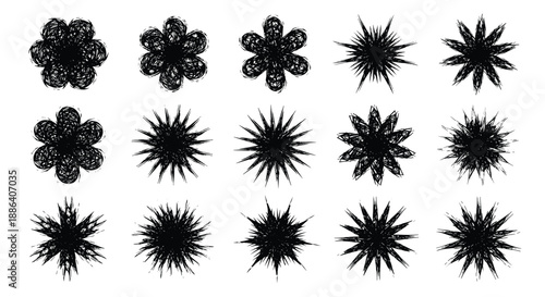 Unique set of scribbled and messy black hand drawn flowers and stars with high texture and chaotic line work elements.