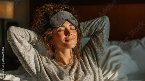 Stretching in bed, a woman in pajamas and a sleep mask