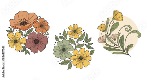 Three beautiful floral bouquet compositions with muted earthy tones of orange yellow red and green in circular frames.