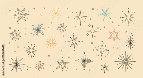 Collection of whimsical hand drawn stars sparkles and celestial sunbursts in a retro bohemian style on tan background.