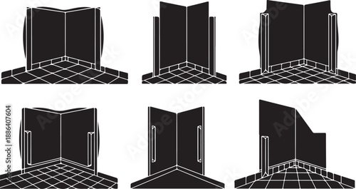Black door illustrations in various open and closed positions
