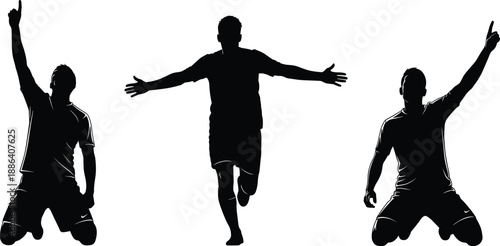 Set of Three Black Vector Silhouettes of Soccer Players Celebrating Goals Kneeling and Running with Raised Arms Isolated on White Background for Sports Design