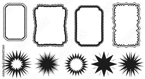 Decorative set of black frames and starburst shapes for graphic design elements layout decoration and professional branding projects.