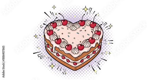 Delicious heart shaped layered cake with whipped cream and cherries on a pop art style halftone background.